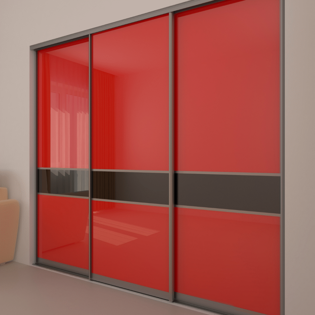 A modern closet with three sliding red glass doors, featuring a horizontal black stripe across the middle panels, situated next to a beige sofa.