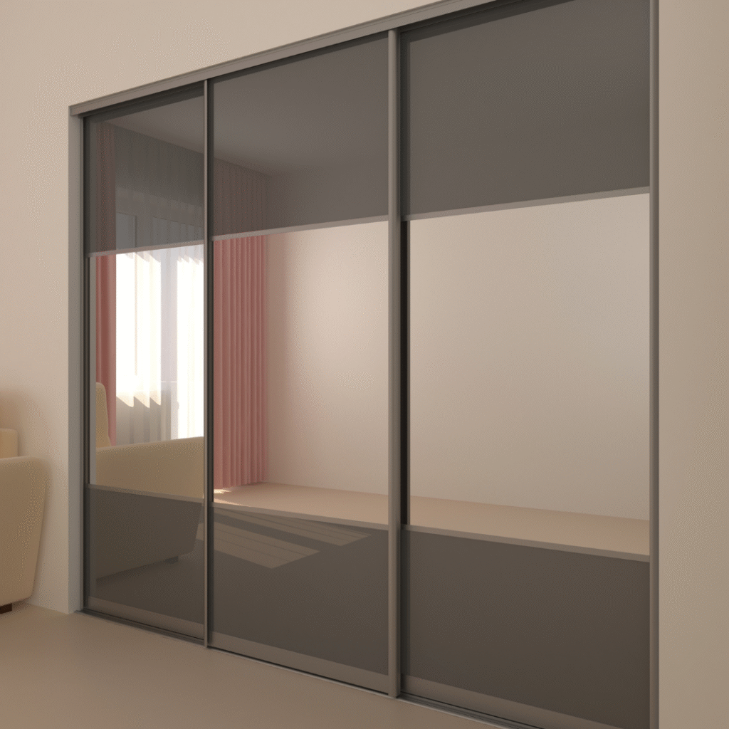 A modern room with large sliding mirrored closet doors reflecting a window with pink curtains and a beige armchair.