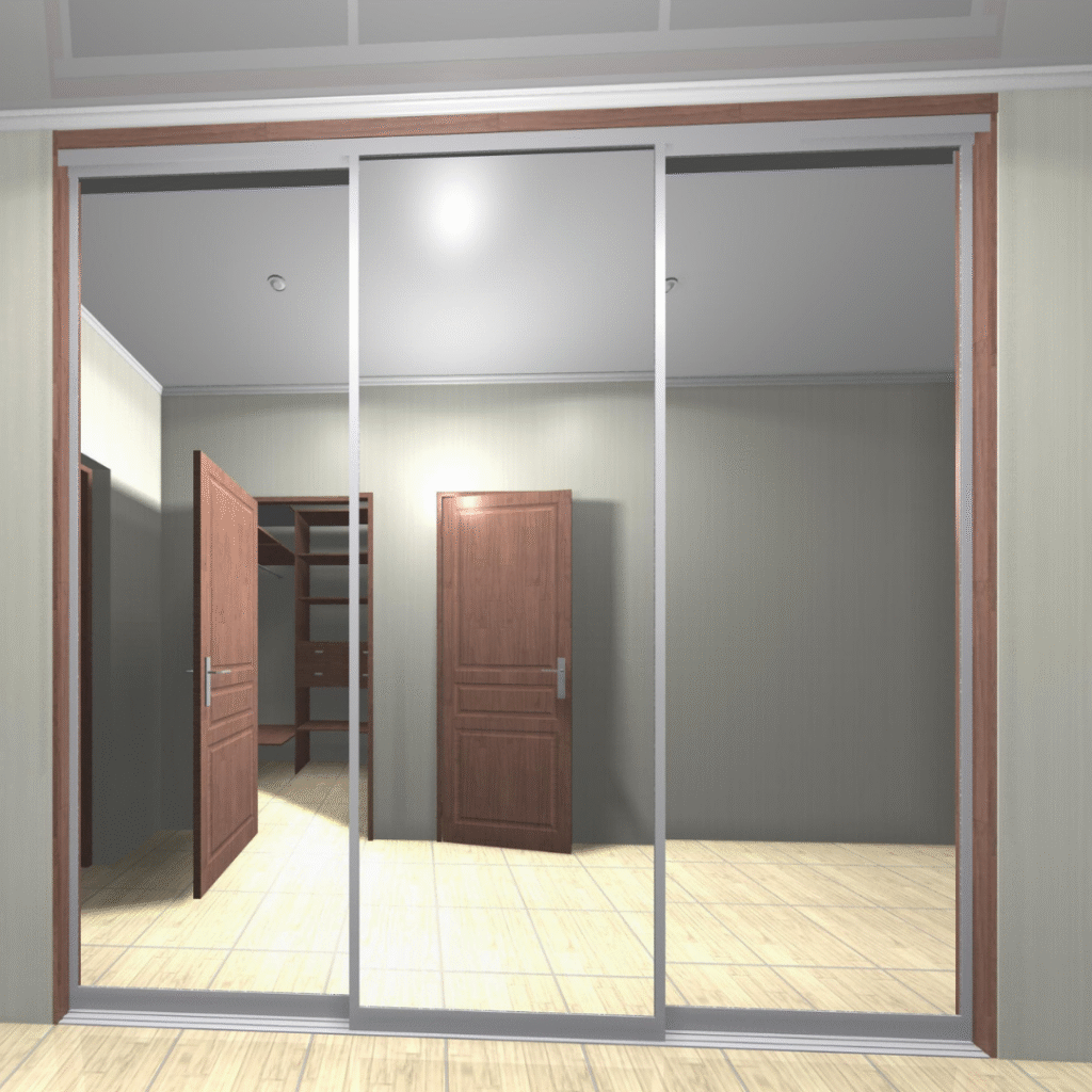 A room with wooden floors, two open brown doors, built-in shelves, and large sliding mirrored closet doors reflecting the interior.