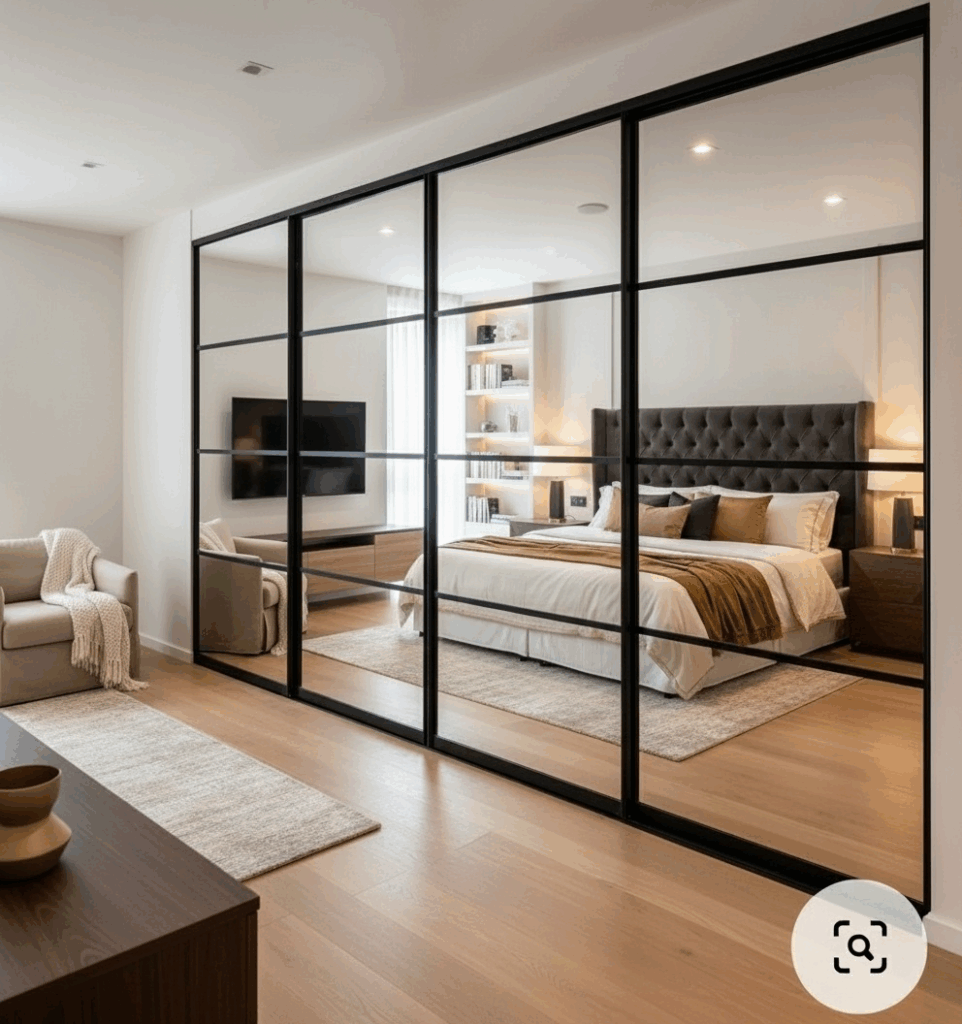 A modern bedroom with a large bed, mirrored sliding closet doors, a wall-mounted TV, wooden floors, and neutral-toned furnishings.
