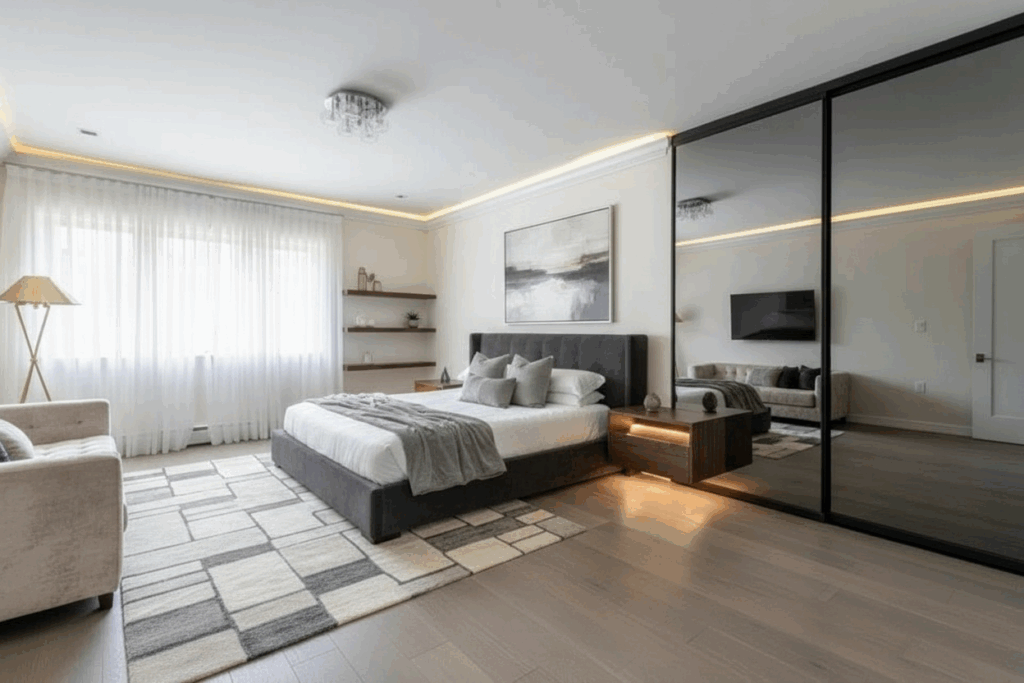 Modern bedroom with a large bed, neutral tones, abstract wall art, mirrored closet doors, and floor-to-ceiling window with sheer curtains.