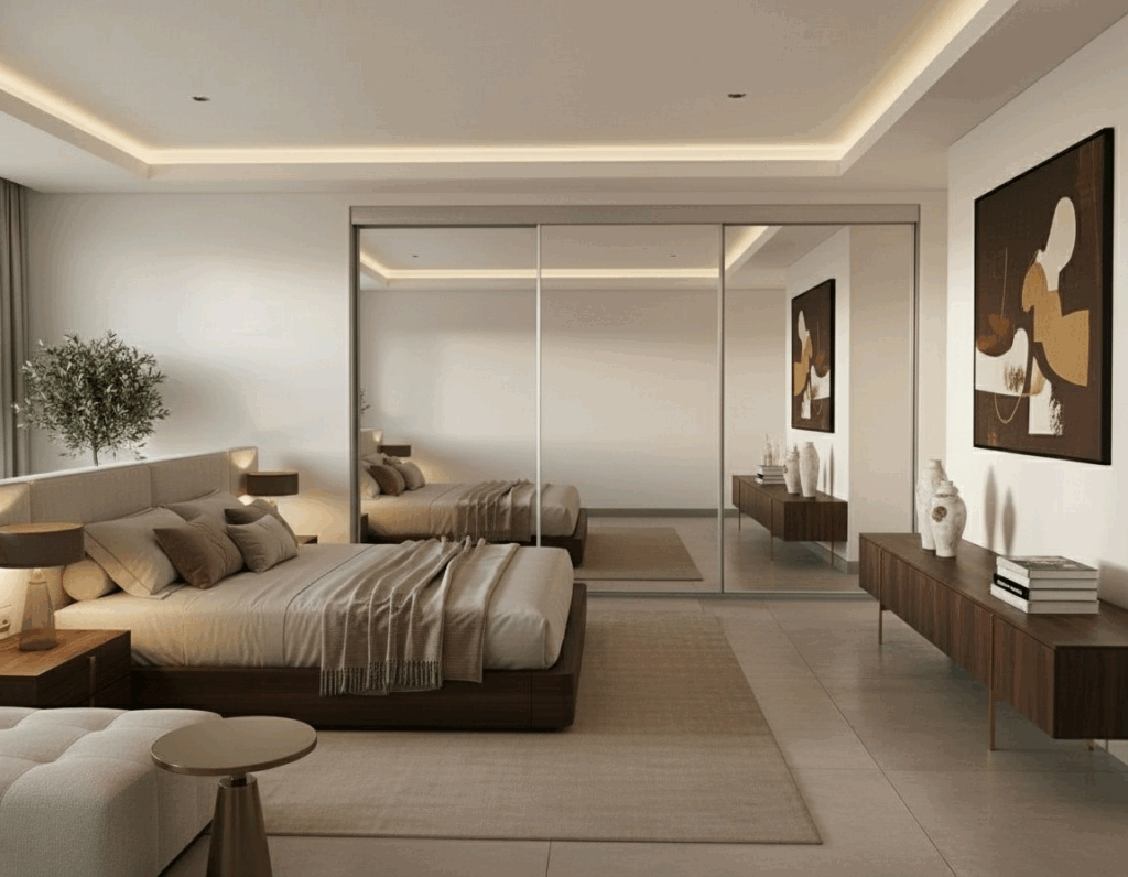 A modern bedroom featuring a large bed, mirrored sliding doors on wardrobes, a wooden sideboard with decor, abstract wall art, and neutral-toned furnishings.