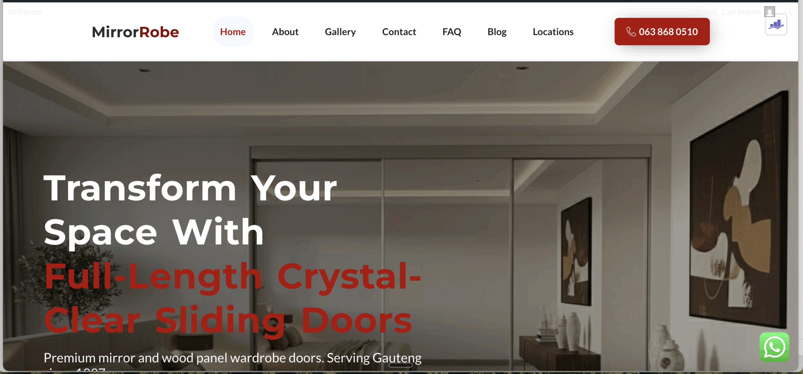 Screenshot of MirrorRobe website homepage showing header, navigation menu, contact button, and an image of a modern room with full-length sliding mirrored doors.