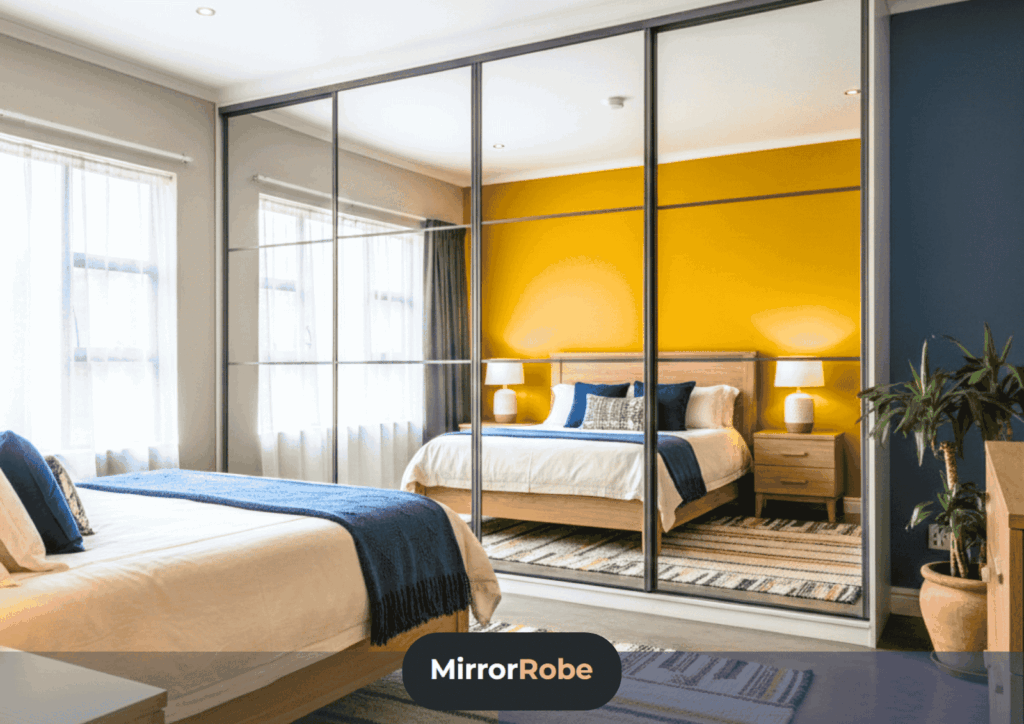 A modern bedroom with a bed, bedside tables, lamps, and large mirrored sliding wardrobe doors reflecting the room.