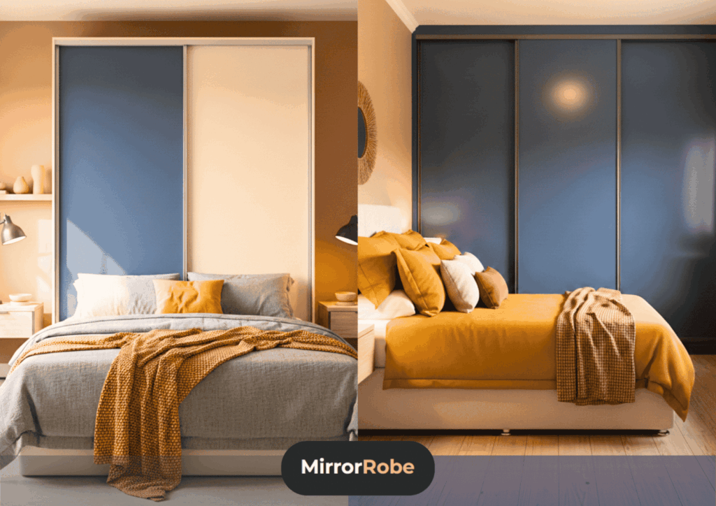 Split image showing two bedrooms with sliding wardrobes; left side features cream and blue doors, right side features solid blue doors. Both rooms have beds with yellow bedding.