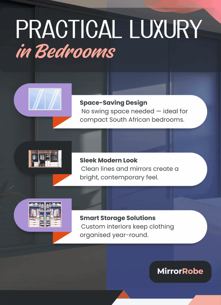 Infographic titled "Practical Luxury in Bedrooms" showing space-saving design, sleek modern look, and smart storage solutions for bedroom interiors by MirrorRobe.