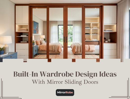 A bedroom features built-in wardrobes with mirror sliding doors, reflecting a neatly made bed and minimalist decor. Text reads: "Built-In Wardrobe Design Ideas With Mirror Sliding Doors.