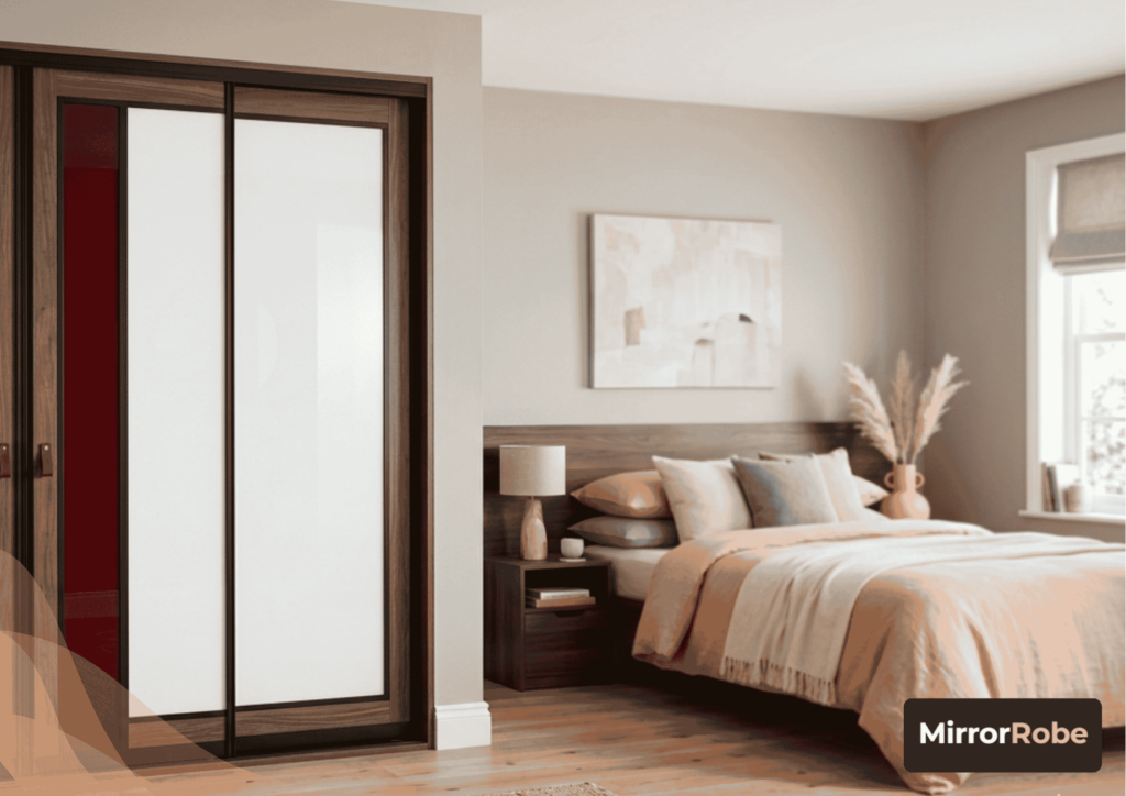 Modern bedroom with a double bed, neutral bedding, built-in wooden wardrobe with sliding doors, bedside table, and decorative elements like a painting and vase with dried plants.