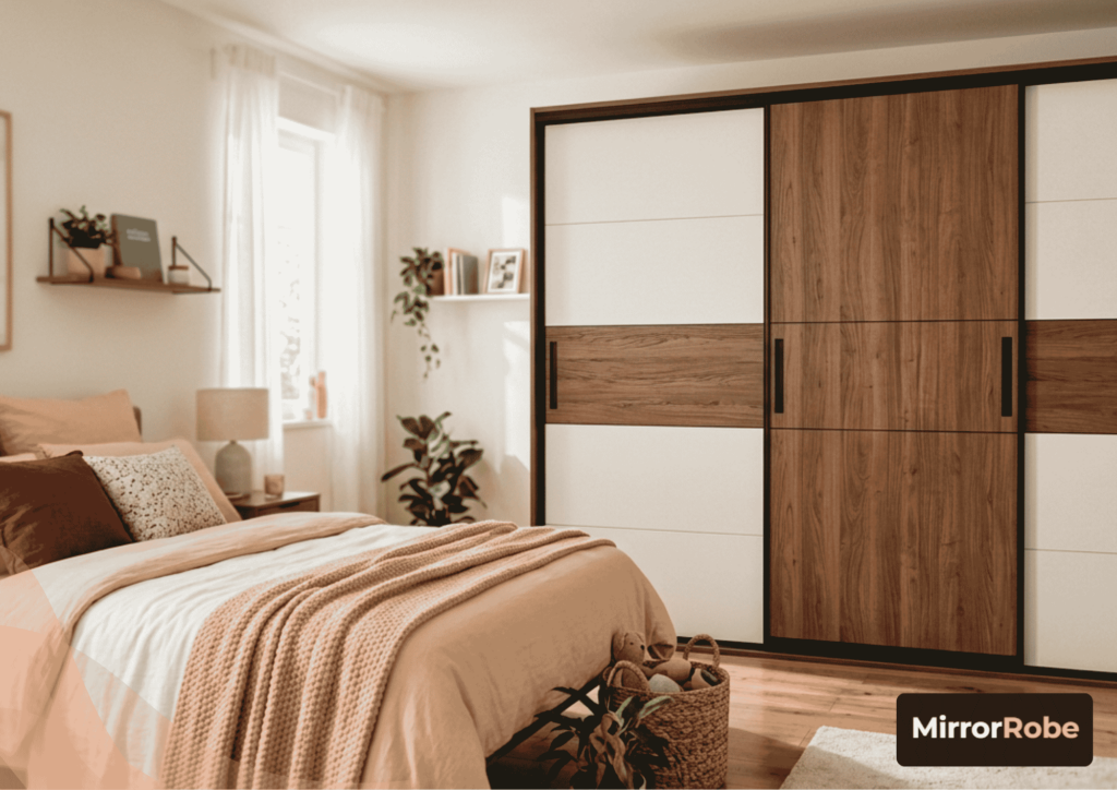 A modern bedroom with a neatly made bed, beige and peach bedding, a wooden nightstand, plants, and a large wardrobe with sliding wood and white doors. MirrorRobe logo in the corner.