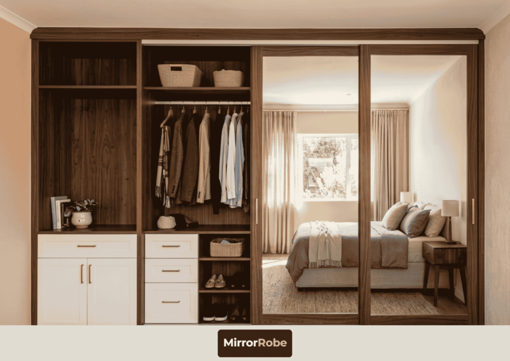 A bedroom with a built-in wardrobe featuring shelves, drawers, hanging clothes, and large mirrored sliding doors reflecting a neatly made bed.