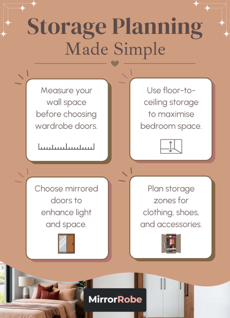 Infographic titled "Storage Planning Made Simple" with four tips for wardrobe storage; decorative background with closet and bedroom images.