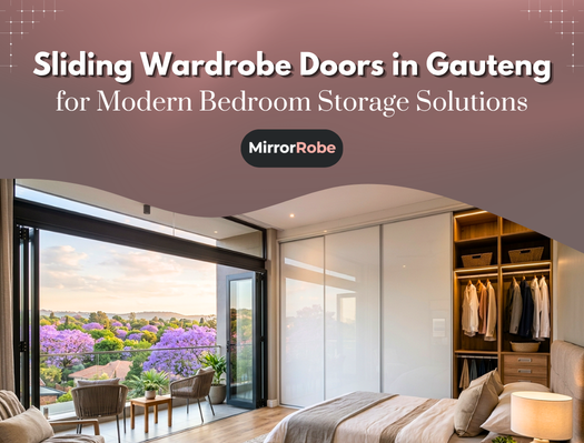 Bedroom with open sliding wardrobe doors, organized shelves, and a large window overlooking a garden; text reads "Sliding Wardrobe Doors in Gauteng for Modern Bedroom Storage Solutions.