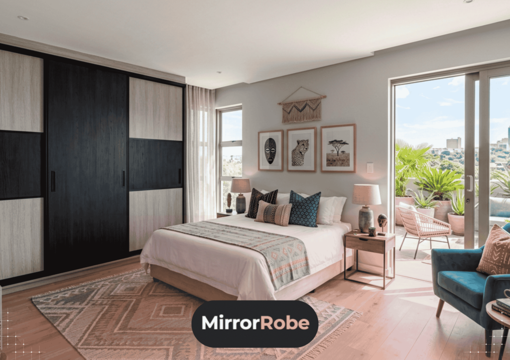Modern bedroom with a large window, double bed, patterned rug, wall art, two bedside tables, outdoor balcony, plants, and built-in mirrored wardrobe. "MirrorRobe" logo at bottom center.