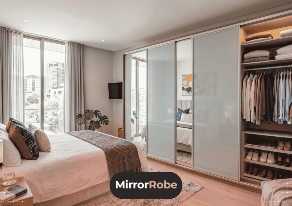 Modern bedroom with large windows, a bed, indoor plant, and a wardrobe with sliding glass doors; clothes and shoes are neatly organized inside. "MirrorRobe" logo is visible at the bottom.